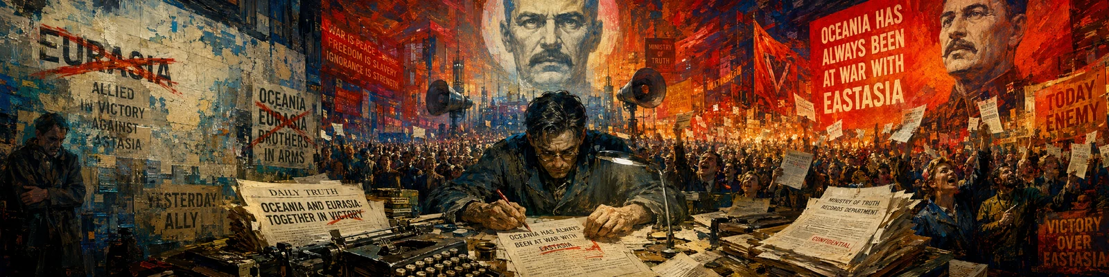 Winston rewriting the record beneath towering propaganda — 'Eurasia' struck through on one wall, a vast banner declaring 'Oceania has always been at war with Eastasia' on the other, a crowd swept between yesterday's ally and today's enemy