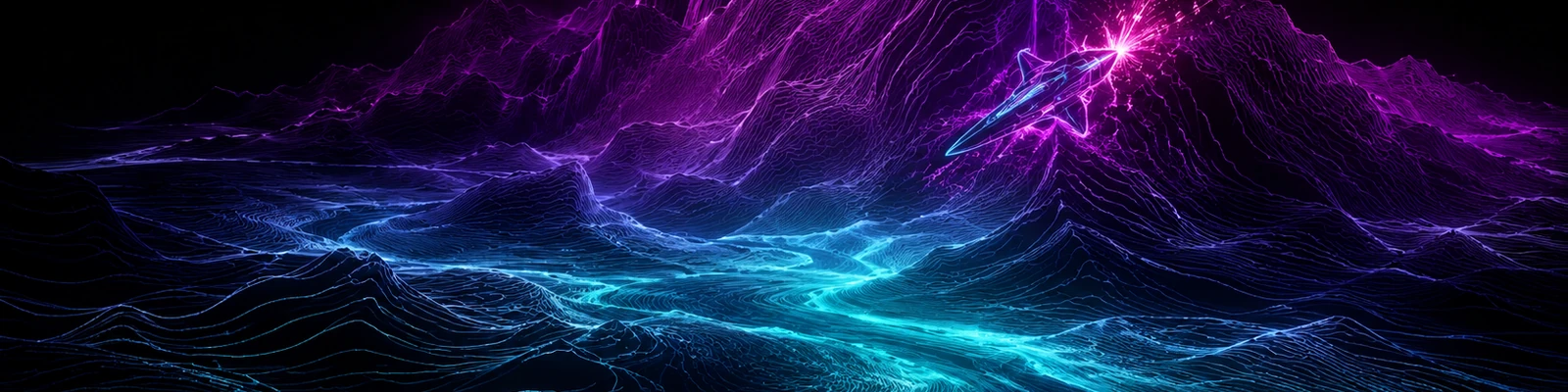 An abstract luminous wireframe landscape in violet and cyan, a sleek craft carving a bright path through a vast dark data-terrain — the machine as a record we travel through