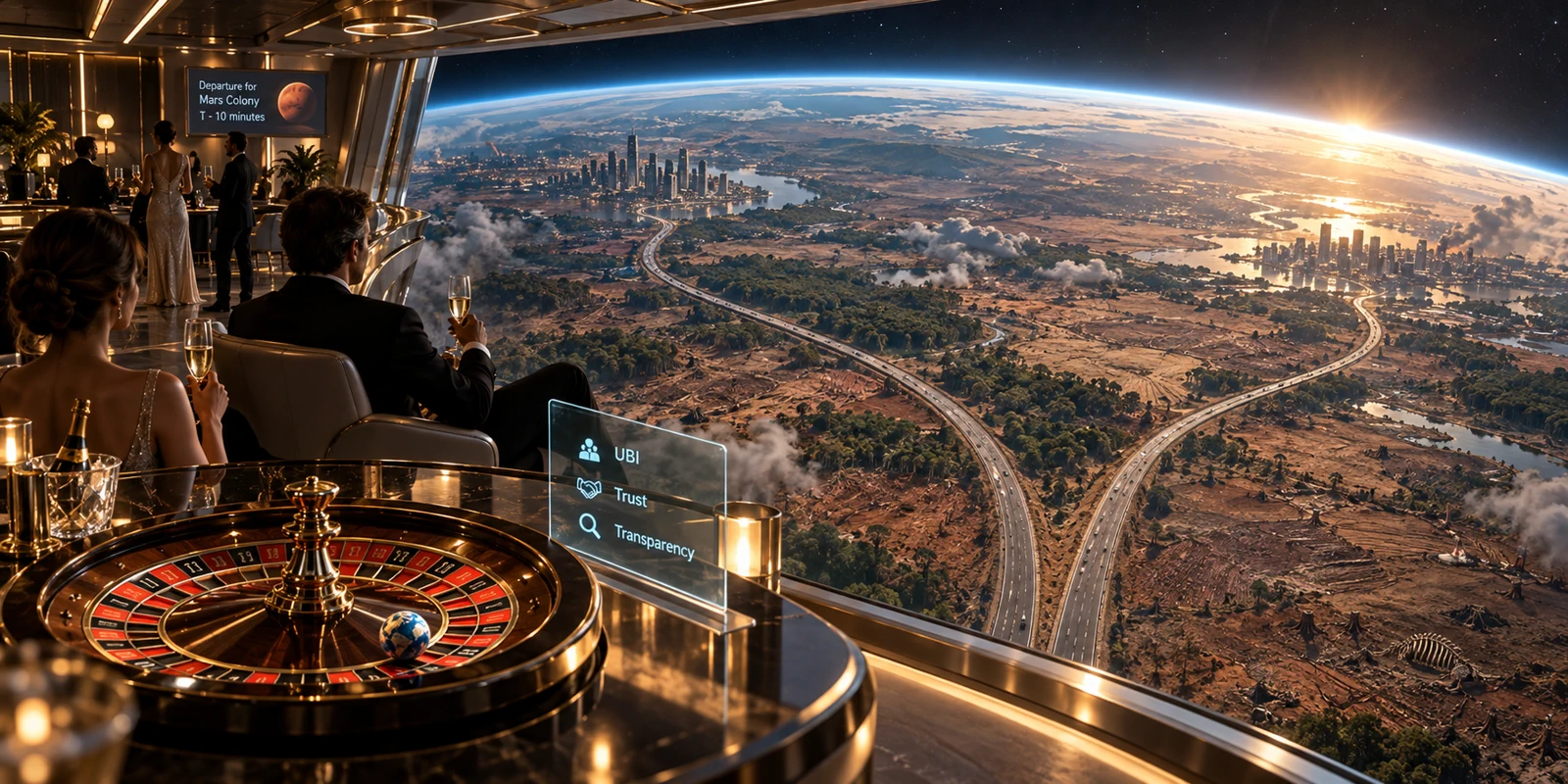 An orbital lounge with a roulette table and displays for universal basic income, trust and transparency, overlooking a damaged Earth and a departing Mars colony.