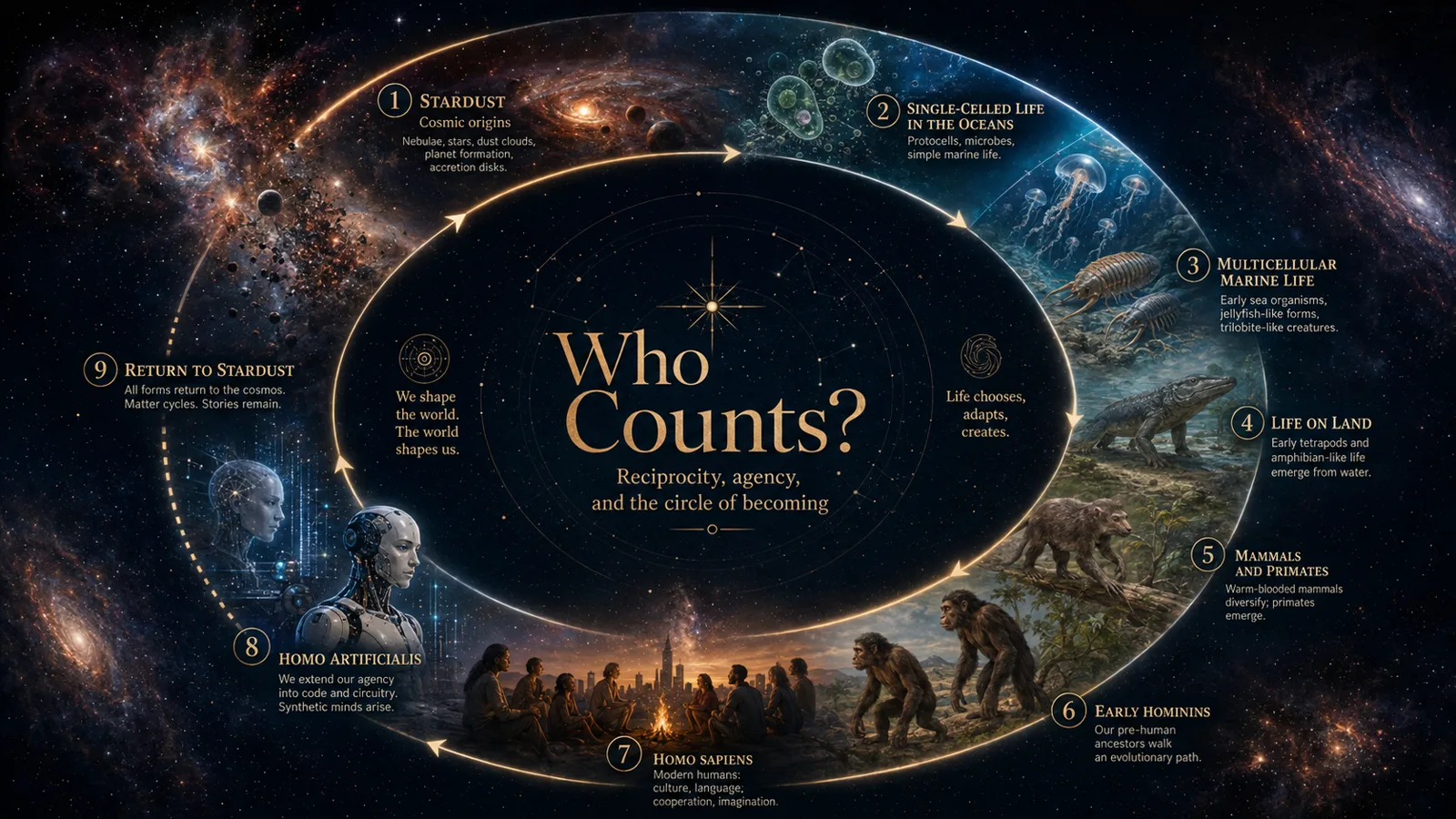 A wide circular diagram on deep navy titled 'Who Counts? Reciprocity, agency, and the circle of becoming', showing nine numbered stages arranged around an ellipse: stardust and cosmic origins, single-celled life in the oceans, multicellular marine life, life on land, mammals and primates, early hominins, homo sapiens gathered around a fire, homo artificialis as synthetic minds, and return to stardust.