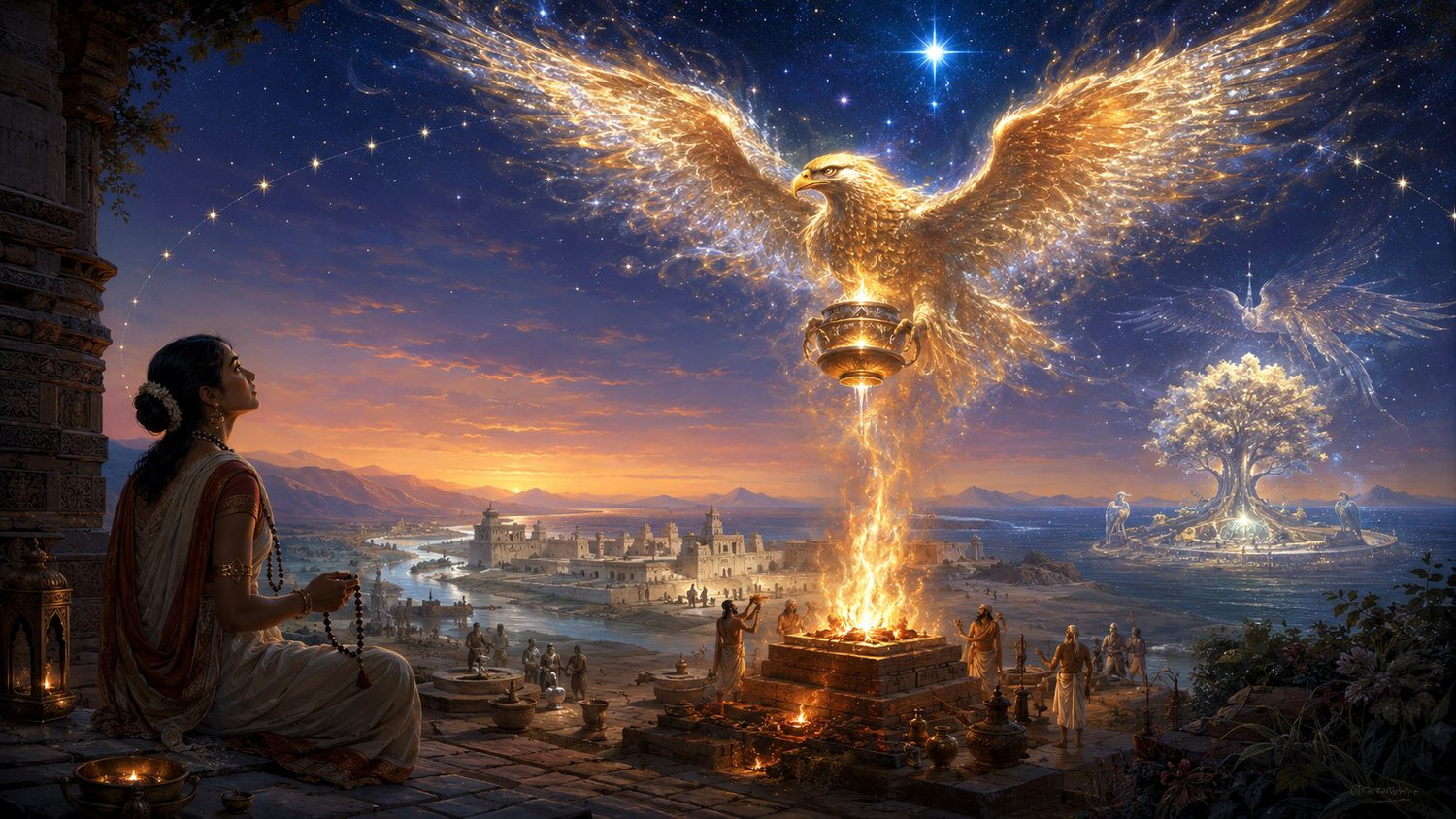 The falcon pours the soma into the fire, the devotee tells her beads beneath the victorious star, and across the water the Tree of All Seeds holds Saēna in its branches